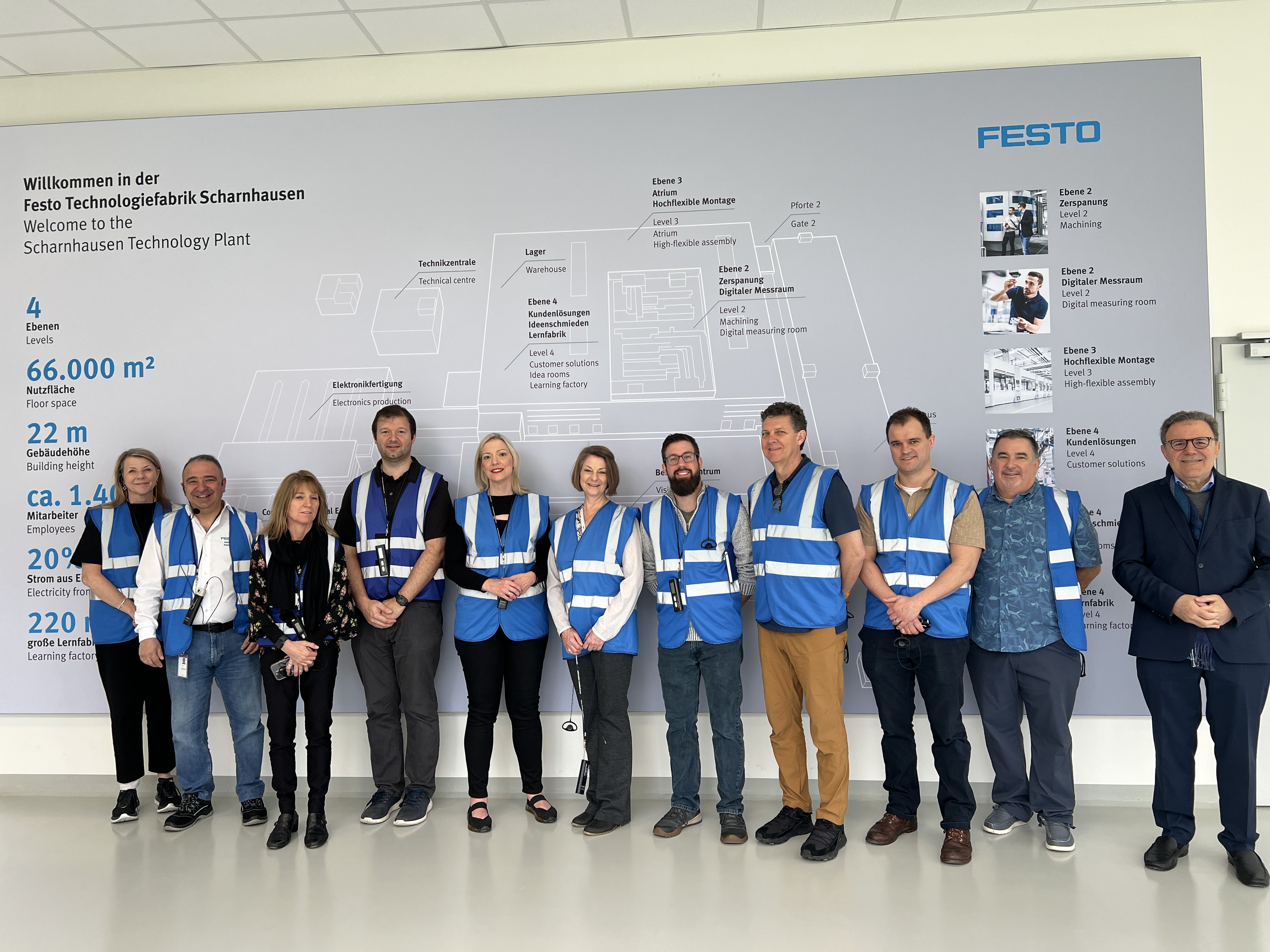 A group of people standing in front of a large sign